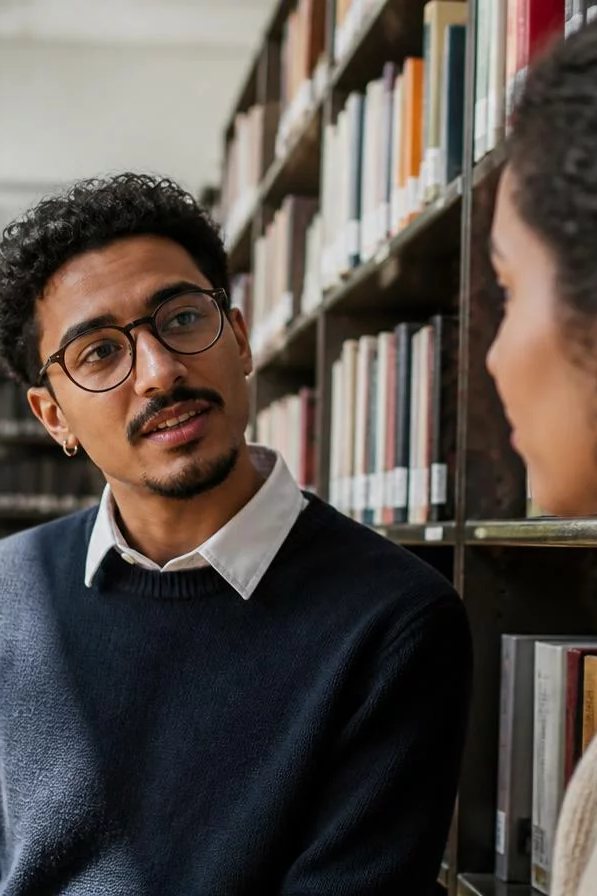 Duas participantes de pé conversando no corredor entre prateleiras de livros